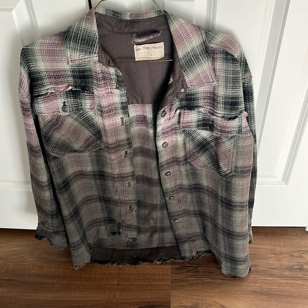 Free People Womens Shacket - slight fringe detail, purple/black/green colored.